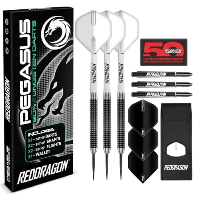 Imagen de RED DRAGON Pegasus Juego de Dardos Profesionales tungsteno 23 Gramos con vuelos, Tallos (Ejes) y Cartera