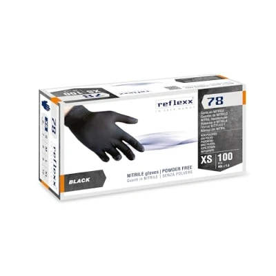 Imagen de Reflexx Guantes de nitrilo sin polvo R78, color negro, Gr 4, 100 unidades, negro