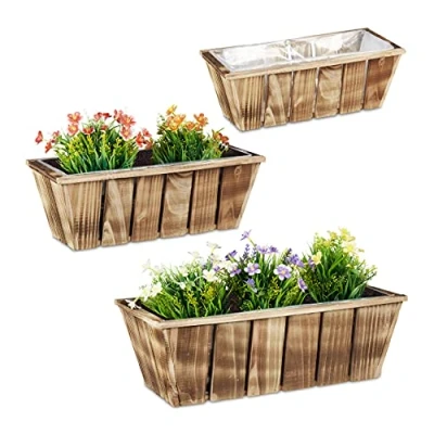 Imagen de Relaxdays Pack de 3 Macetas Madera, Jardineras, Tamaños, Tiestos Flores, Interior y Exterior, con Plástico, Marrón, 15 x 46 23 cm