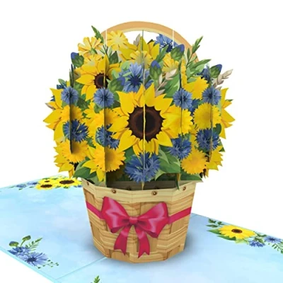 Imagen de MOKIO® Tarjeta de Flores Pop Up Cesta con Girasoles felicitación 3D para un cumpleaños, jubilación o como cupón, regalo emergente sobre