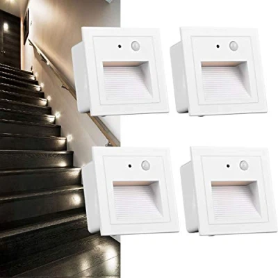 Imagen de Arote 4 pcs LED Aplique empotrado pared 230 V 3 W de paso (para exteriores, con sensor movimiento, cuadrada, para escaleras, aluminio), Blanco