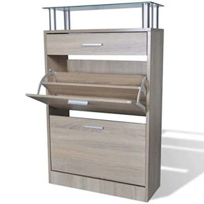 Imagen de Zapatero de Madera Color Roble con un cajón y Estante Vidrio Superior