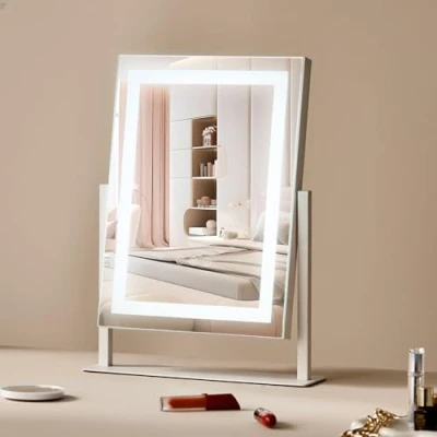 Imagen de VEVOR Espejo de Maquillaje Iluminado con Tres Modos Iluminación Color, LED Luces y Aumento 5X, Control Táctil Inteligente, Rotación 360, 364 x 84 475 mm, Blanco, Rectangular