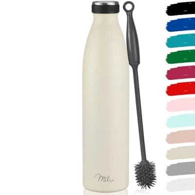 Imagen de Milu botella de acero inoxidable 350 500 750 1000ml 1,5 L termo, agua aislada, aislante a prueba fugas, doble pared, apta para ácido carbónico (Crema mantequilla, 1500ml)
