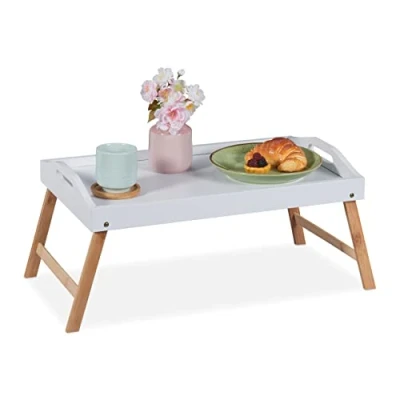 Imagen de Relaxdays Bandeja para Cama, Patas Plegables, Desayuno, Bambú y MDF, Borde Alto, 24 x 55,5 30 cm, Blanco/Natural, Tablero de Fibras