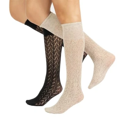 Imagen de CALZITALY PACK 1/2 Pares Medias hasta la rodilla invernales, Calcetines de algodón, Calcetería Italiana (2 X Chevron Beige+Negro, Talla Unica)