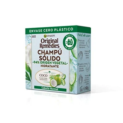 Imagen de Garnier Original Remedies Champú Sólido, Coco Y Aloe Vera Ecológico Para Cabello Normal, Raíces Grasas, 60 g (Paquete de 1)