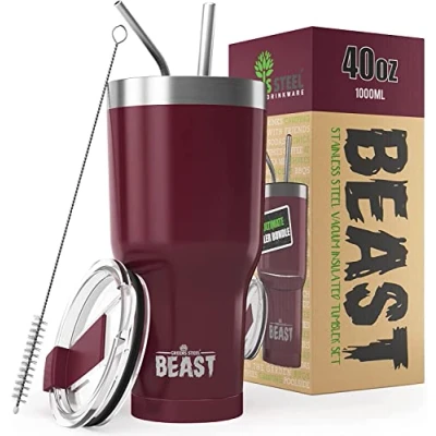 Imagen de BEAST Termo Café para Llevar 1050ml I Arándano Taza Térmica de Acero Inoxidable Reusable Viajera Doble Pared al Vacío 2 Pajitas y Cepillo Limpieza
