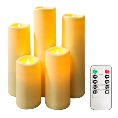 Imagen de velas LED impermeables sin llama, juego de 5 unidades, marfil, 2.2 x 4 pulgadas, 5, 7, 8, 9 parpadeantes para exteriores, funcionan con pilas, función temporizador control