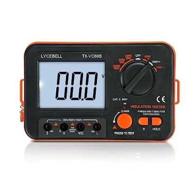 Imagen de LYCEBELL Medidor de Resistencia Aislamiento LC VC60B, 0,1 200MΩ, Megohmios, 250V/500V/1000V con LCD Retroiluminación (negro + naranja)
