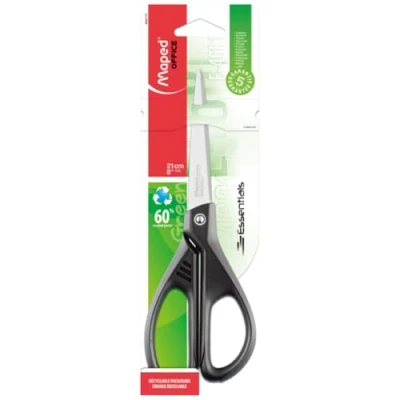 Imagen de Maped Tijeras de Oficina Essentials Green Asimétrica 21 cm Negras Hojas y Remaches Acero Inoxidable Anillas Ergonómicas para Ambidiestros Punta Afilada