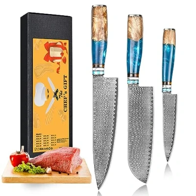 Imagen de oFuun Set Cuchillo Cocina 3 Piezas, 67 Capas de Acero Damasco Profesional Juegos Cocinero, Chef Santoku Universal con Mango Resina Azul