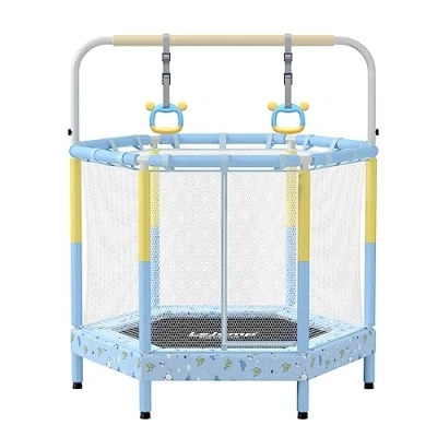 Imagen de LeJump Cama Elástica Infantil Ø140cm Trampolín para Niños y Niñas con Red de Seguridad Ideal Interior Exterior Carga 65 kg Barra Dominadas Anillas + Asidero 360(140cm, Felicidad)