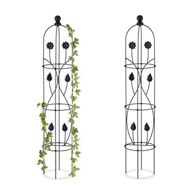 Imagen de Relaxdays Pack 2 Tutores Plantas Obelisco, 103x20 cm, Soportes Enredaderas Metal, Guías Trepadoras Rosales Jardín, Negro, Hierro