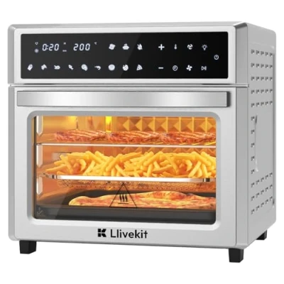 Imagen de LLIVEKIT Horno Freidora Aire 26 L, Air Fryer con 12 Programas y Temporizador, de Caliente Pantalla Táctil LED, Airfryer 1700 W, sin Aceite Acero Inoxidable, 7 Accesorios