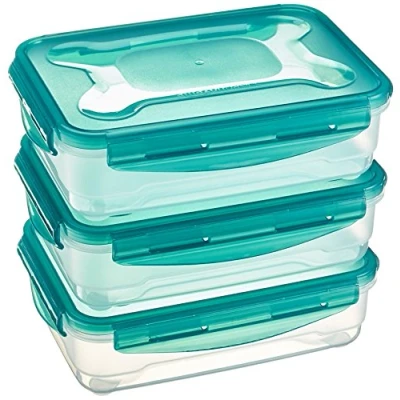 Imagen de Amazon Basics Contenedores herméticos sellados con Tapa de plástico sin BPE, apilables y Aptos para frigorífico/congelador, microondas lavavajillas. Conjunto 3 Piezas 1.2 l, traslúcido