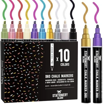 Imagen de Stationery Island Rotuladores Tiza Liquida, Rotulador Cristal Borrable, 6mm Pack de 10 Metálico Colores