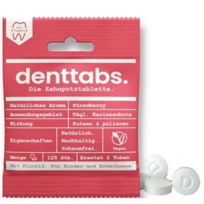 Imagen de Denttabs Pastillas para cepillo de dientes con sabor a fresa, 125 unidades, la alternativa completa pasta dientes, contenido flúor adaptado niños, vegano, sin plástico,