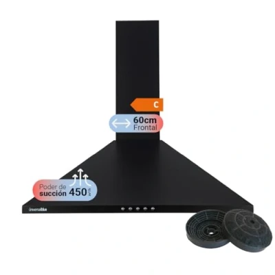Imagen de UNIVERSALBLUE Campana Extractora 60 cm Piramidal Negra Extractor de Humo y Aire Eléctrico para Cocina 3 Velocidades Sin Salida Humos Potente Succión 450 m3/h Filtros Incluidos