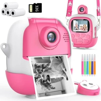 Imagen de Camara Fotos Infantil Instantanea,Camara 1080P con Lente giratoria de 180, 4 Rollos Papel y Tarjeta 32 G, Cámara Instantánea para niños Regalo niñas 3 a 14 años