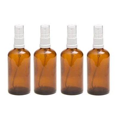Imagen de Pack de 4 botellas con atomizador blanco Cristal ámbar 100 ml Uso para aceites esenciales/aromaterapia.