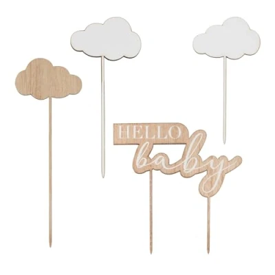 Imagen de Ginger Ray Decoración de madera para tarta Baby shower con texto en inglés &quot;Hello and Clouds&quot;