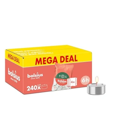 Imagen de Bolsius Paquete grande de Velas té 240 unidades 6 horas combustión Blanco Contiene cera vegetal natural Duración decorativas para el hogar Sin aceite palma