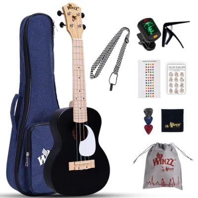 Imagen de Winzz Ukelele Set para Adulto Principiantes y Niños, Concierto de 23 Pulgadas con 9 Accesorios, 4 Cuerdas (Color: Negro, Madera)