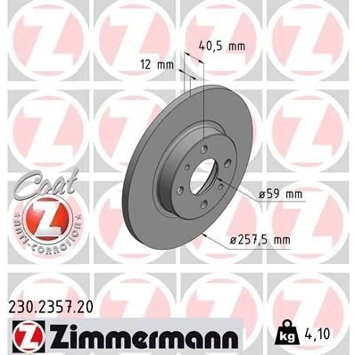 Imagen de ZIMMERMANN COAT Z 230.2357.20 Disco de freno 257 12 6/4 4 98 macizo revestido FIAT: Panda III Hatchback, 500 Punto II LANCIA: Y