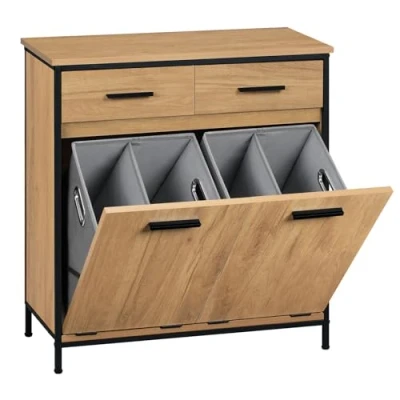 Imagen de EUGAD Armario Baño, Cestos Ropa Sucia Ocultos, Mueble Auxiliar Baño con 2 Cajones, Colada de Doble Tela, MDF Resistente, Marco Metal, Roble Claro + Negro, 72,5x34x80 cm