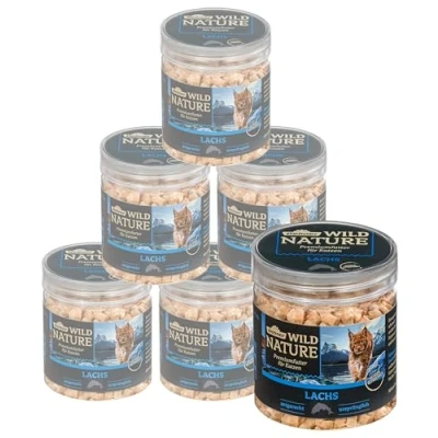 Imagen de Dehner Wild Nature Bocadillo para Gatos, sin Gluten y azúcar, Gatos sensibles a la nutrición, liofilizado, salmón, 6 x 20 g (120 g)