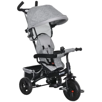 Imagen de HOMCOM Triciclo para Bebés 6 en 1 Evolutivo Niños de 5 Años con Toldo Plegable Mango Empuje Telescópico Cinturón Seguridad y Cesto Carga 25 kg 95x50x106 cm Gris