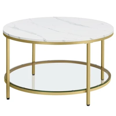 Imagen de VASAGLE Mesa de Centro, Salón, Sofá Mármol Imitación Redonda, Estante Vidrio Templado, Montaje Fácil, Estilo Moderno, Blanco y Dorado Métalico LCT071W59