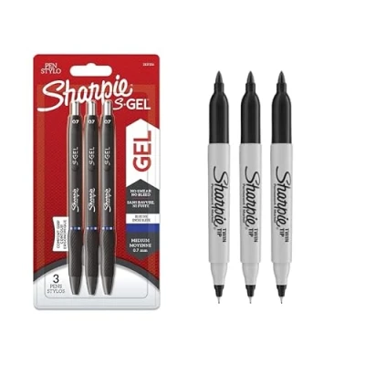 Imagen de Sharpie S gel Bolígrafos de punta media (0.7 mm) Tinta azul 3 unidades + marcadores permanentes doble Puntas finas y ultrafinas Negro