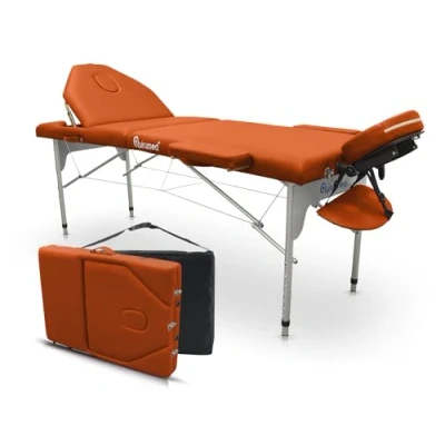 Imagen de QUIRUMED Camilla de Masaje Plegable Aluminio Pro, 186 x 66 cm, con Respaldo abatible, Color Naranja, Polipiel, Orificio Facial, Cabezal extraíble, Regulable en Altura, 2 cuerpos, hasta 150 kg
