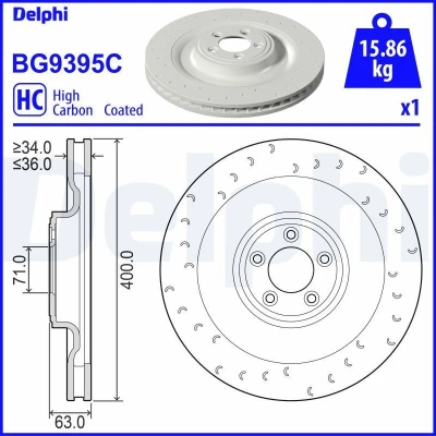 Imagen de DELPHI BG9395C Disco de freno 400 36 5 ventilado revestido altamente carbonizado sin cojinete rueda, anillo sensor ABS JAGUAR: XK Cabrio