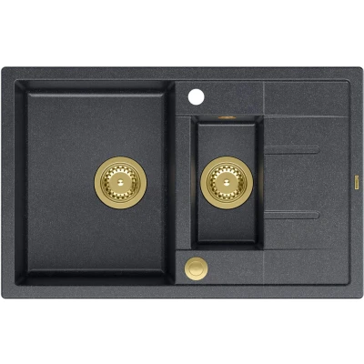 Imagen de QUADRON fregadero de cocina negro granito tamaño 78 x 50 22 cm, y dorado MORGAN 116 dos cubetas con escurridor orificio para grifo