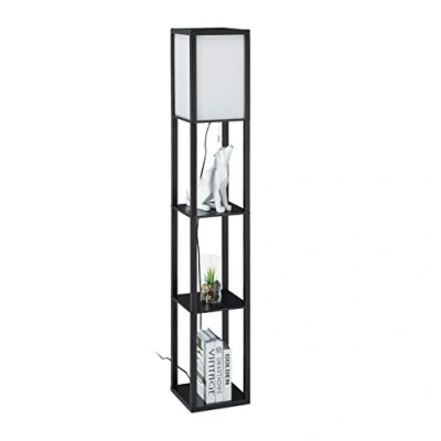 Imagen de Relaxdays Lámpara de Pie con Baldas, 3 Estantes, 161x26x26 cm, Casquillo E27, Madera y Acrílico, Diseño Moderno, Negro