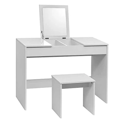 Imagen de WOLTU Juego Tocador de Maquillaje con Taburete y Espejo Plegable, Mesa Madera Alto Brillo, 100x45x76cm, Escritorio Moderno para Dormitorio, Blanco MB6047ws