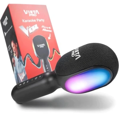 Imagen de Vieta Pro Micrófono Inalámbrico con Altavoz para Karaoke True Wireless. Bluetooth, 10H de Batería, Transmisor FM y Efectos Luz Sonido. Micro Party La Voz Negro