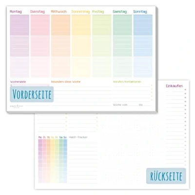 Imagen de paper&amp;you® planificador semanal A4 sin fecha fija [arco iris], 50 hojas, con lista de tareas, la compra, gran espacio para notas y más, respetuoso el clima sostenible