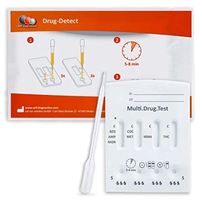 Imagen de self diagnostics test rápido de drogas Multi 8 MPU detección los tipos anfetamina, metanfetamina, éxtasis, benzodiacepinas, cocaína, morfina, metadona, cannabis orina