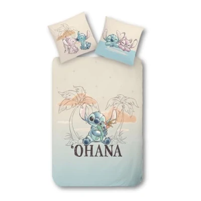 Imagen de MTOnlinehandel ropa de cama infantil 135 x 200 cm, diseño Ohana Lilo &amp; Stitch para niñas y niños, adolescente, 100 % algodón, 1 funda almohada 80 cm + nórdica