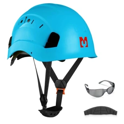 Imagen de Mustbau Casco de Seguridad, Protección EN397 con Gafas Antivaho, Diadema Ajustable 53 a 63cm, Material ABS Resistente para Hombres Mujeres Azul