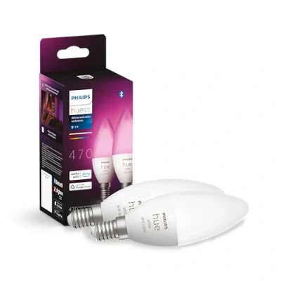 Imagen de Bombilla inteligente Philips Hue B39 E14, Luz Blanca y de Colores, 3W, Compatible con asistentes, 2 unidades