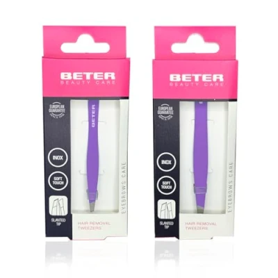 Imagen de Beter Pack de 2 pinzas depilar para cejas profesionales, punta oblicua, acabado soft touch, inoxidables