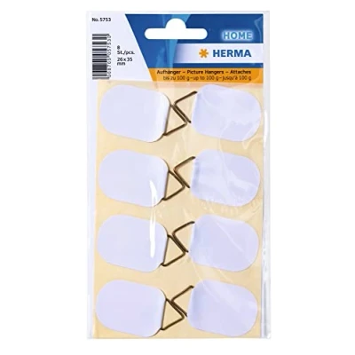 Imagen de HERMA 5753 colgador de cuadros para pegar, color blanco, pequeño, 8 unidades, 26 x 35 mm, autoadhesivo, cuerda alambre, sin taladrar la pared, alambre papel fuerte, fotos,
