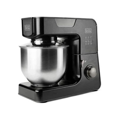 Imagen de Black+Decker BXKM1000E Batidora amasadora 1000W con Bol 5.2L de acero inoxidable, 8 velocidades y función Turbo, Tapa protectora anti salpicaduras, Pies antideslizantes, Negro