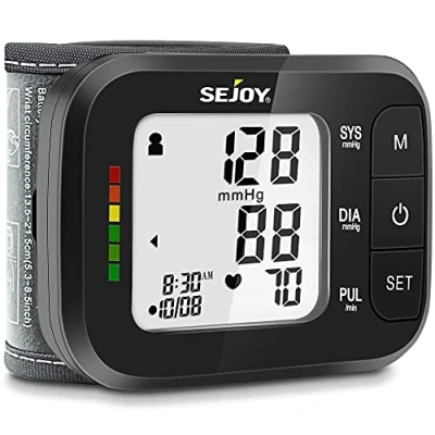 Imagen de Sejoy Tensiómetro de Muñeca Digital Automático Portátil Eléctricos Detección Arritmias con Gran Pantalla Memoria 2*60, Brazalete Ajustable 13,5 21,5 cm