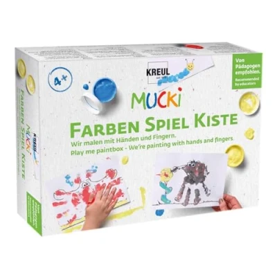 Imagen de KREUL 29101 Mucki, Caja Colores, pintamos con Las Manos, Set de Aprendizaje y Juego, 5 x 50 ml Pintura Dedos, 2 Botes pequeños, Ojos saltones, Multicolor, (Paquete 5), 200